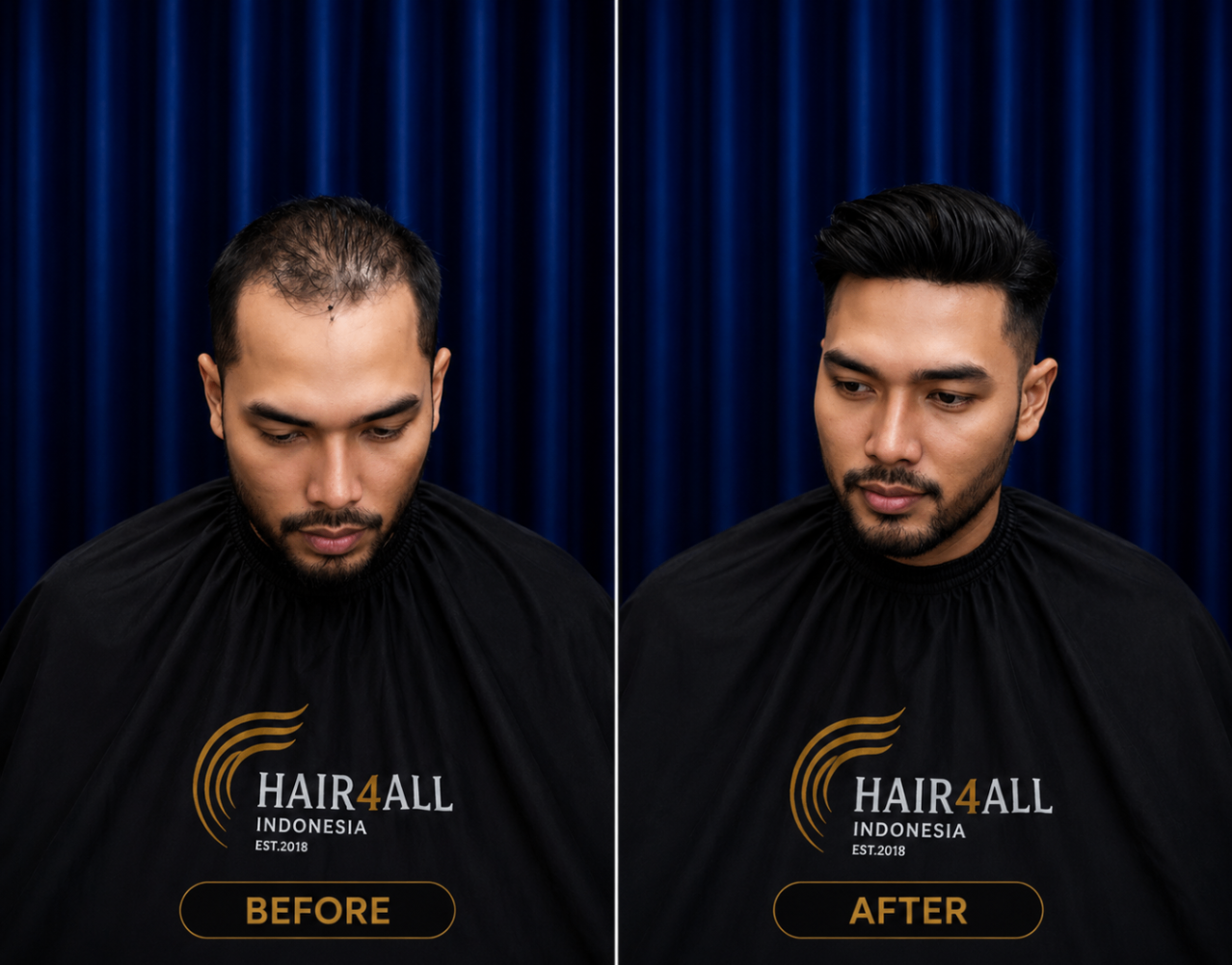 Transformasi klien Hair4All Indonesia 18 — sebelum dan sesudah hair replacement